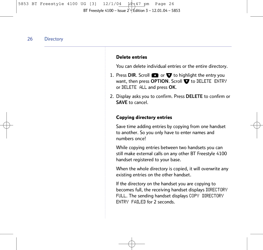 BT 4100 SMS manual Directory 