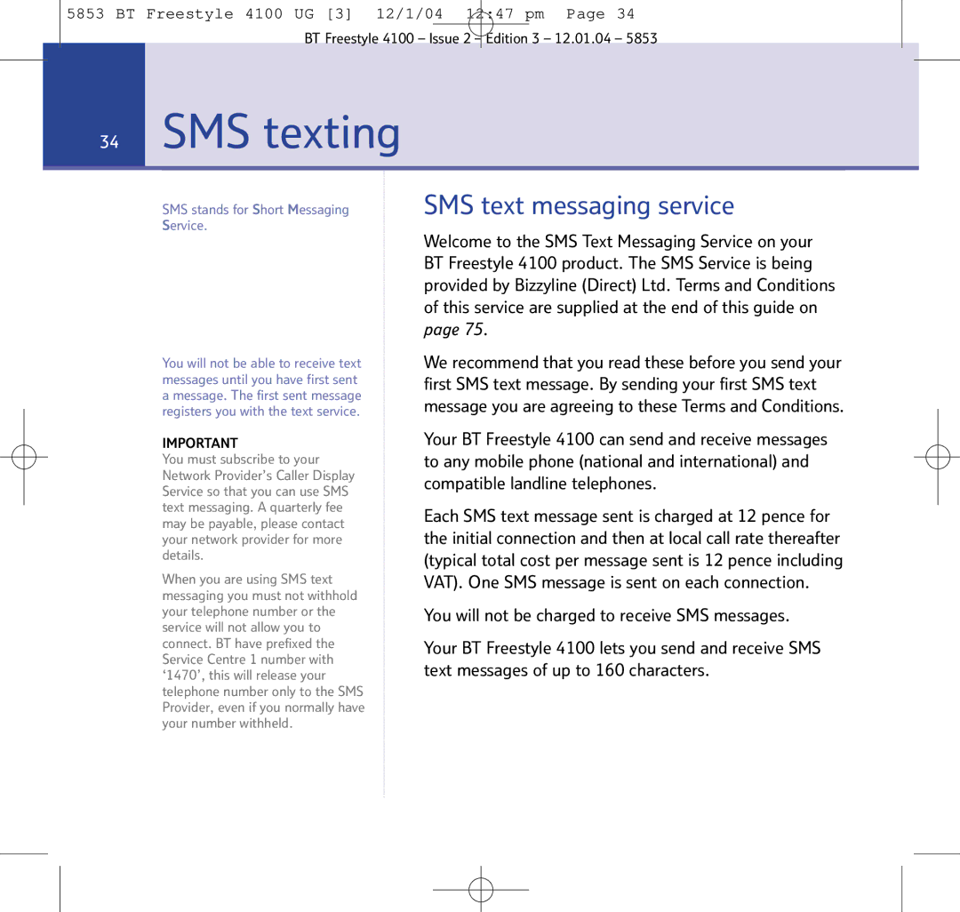 BT 4100 SMS manual SMS texting, SMS text messaging service, You will not be charged to receive SMS messages 