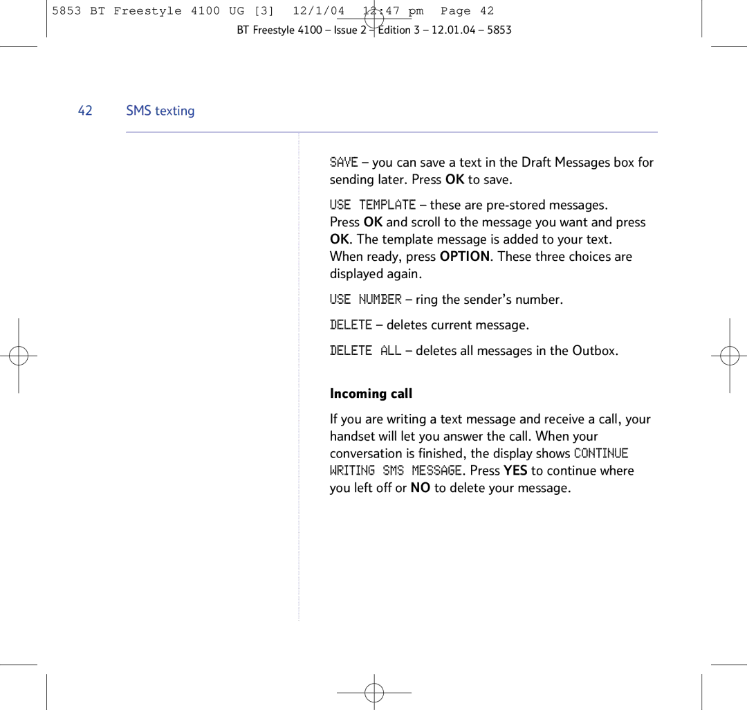 BT 4100 SMS manual SMS texting 