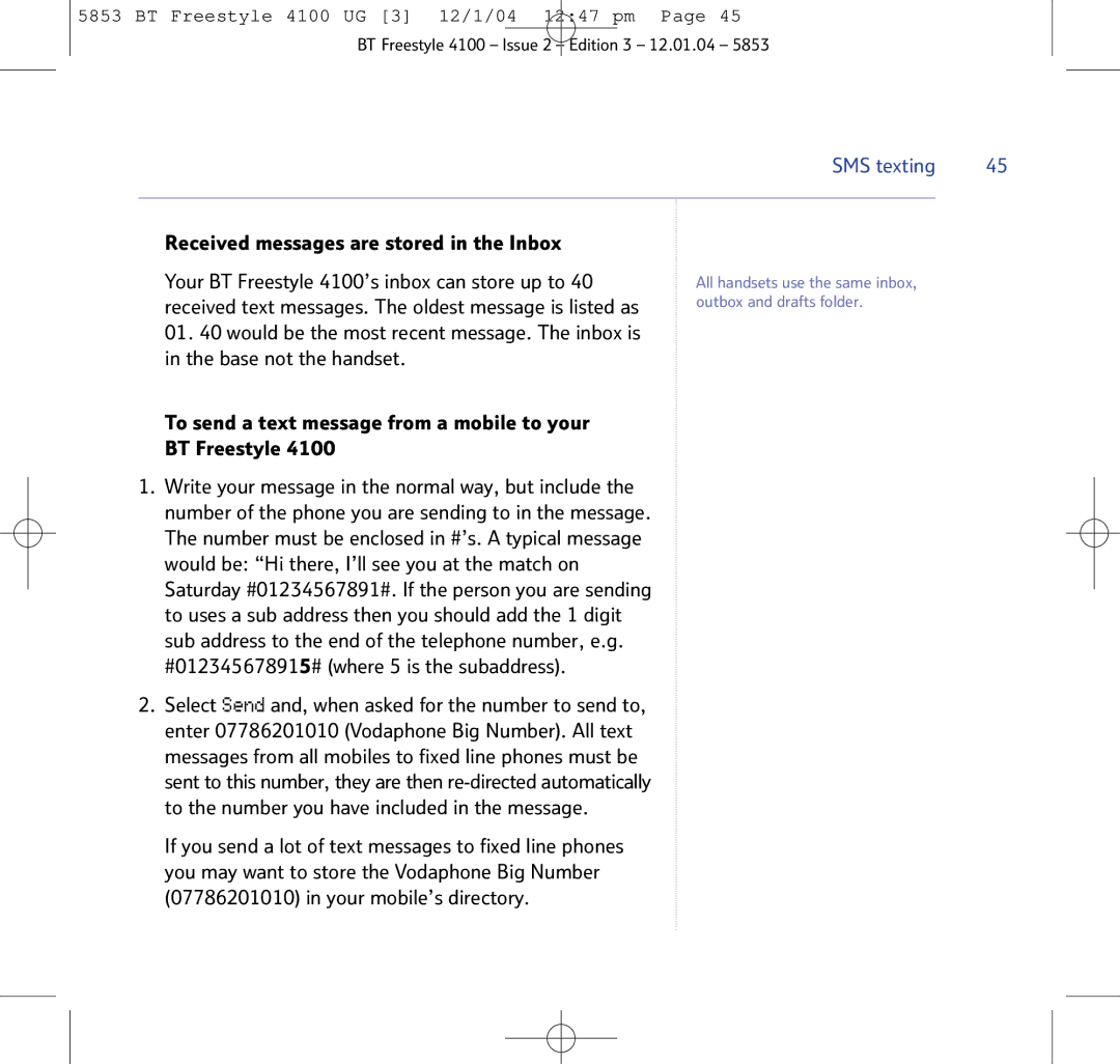 BT 4100 SMS manual Received messages are stored in the Inbox 