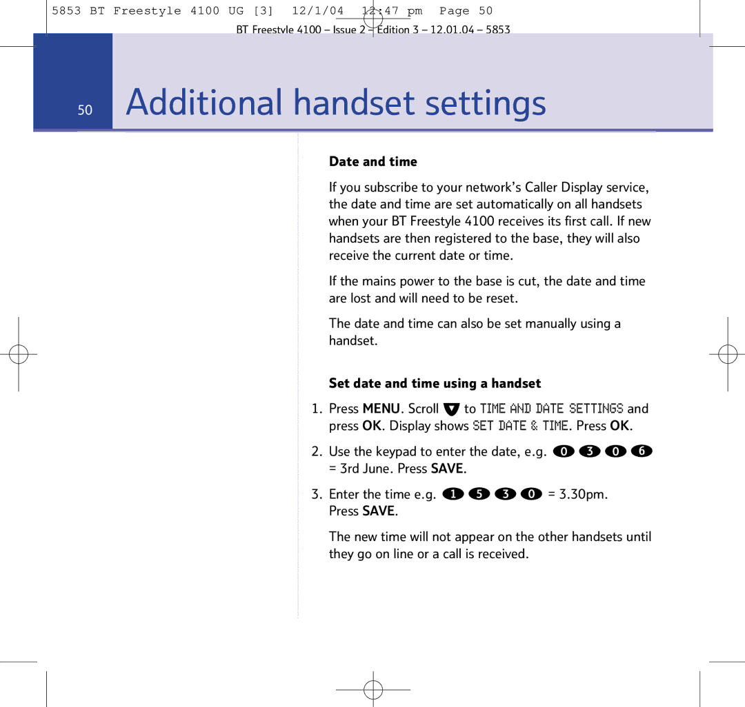 BT 4100 SMS manual Additional handset settings, Date and time 