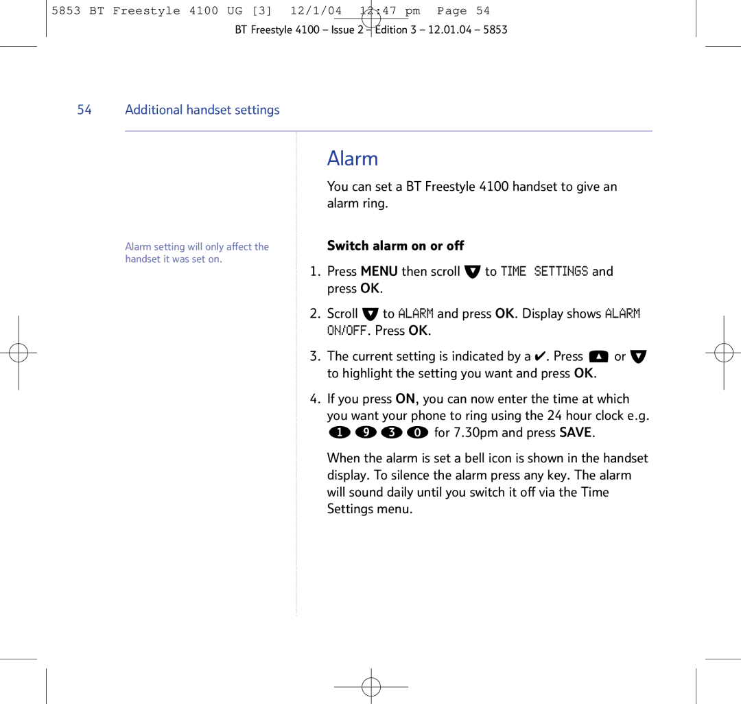 BT 4100 SMS manual Alarm 