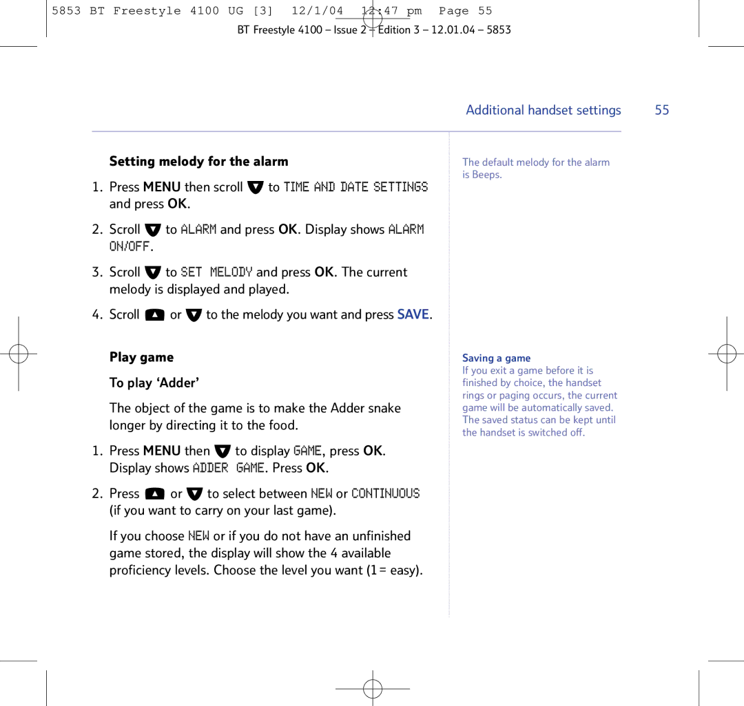 BT 4100 SMS manual Setting melody for the alarm 