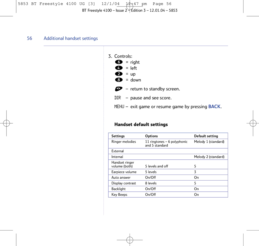 BT 4100 SMS manual Settings Options Default setting Ringer melodies 