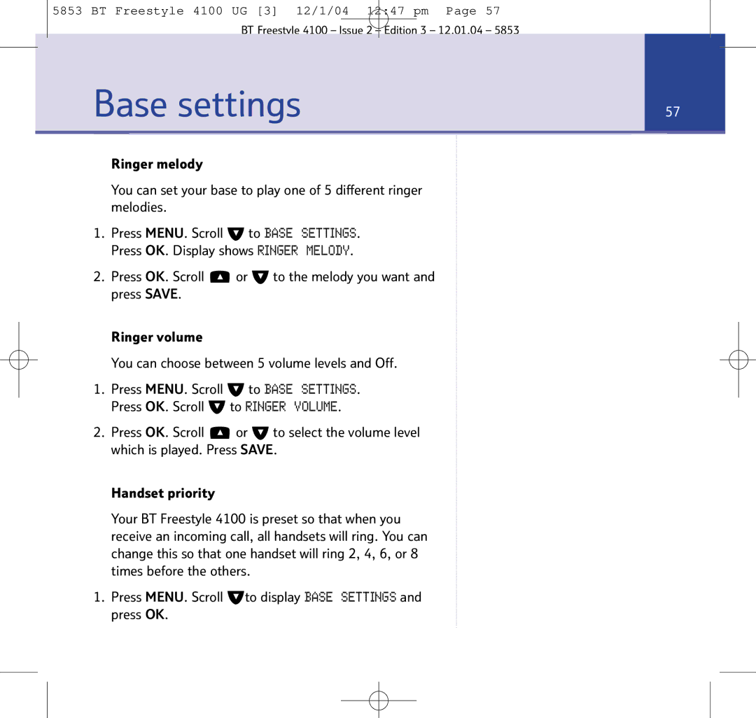 BT 4100 SMS manual Base settings 