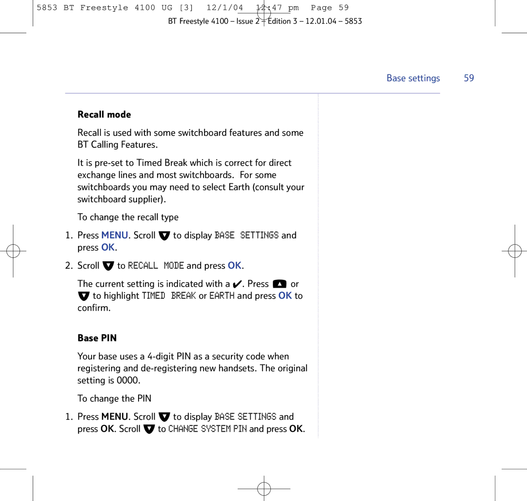 BT 4100 SMS manual Base settings 