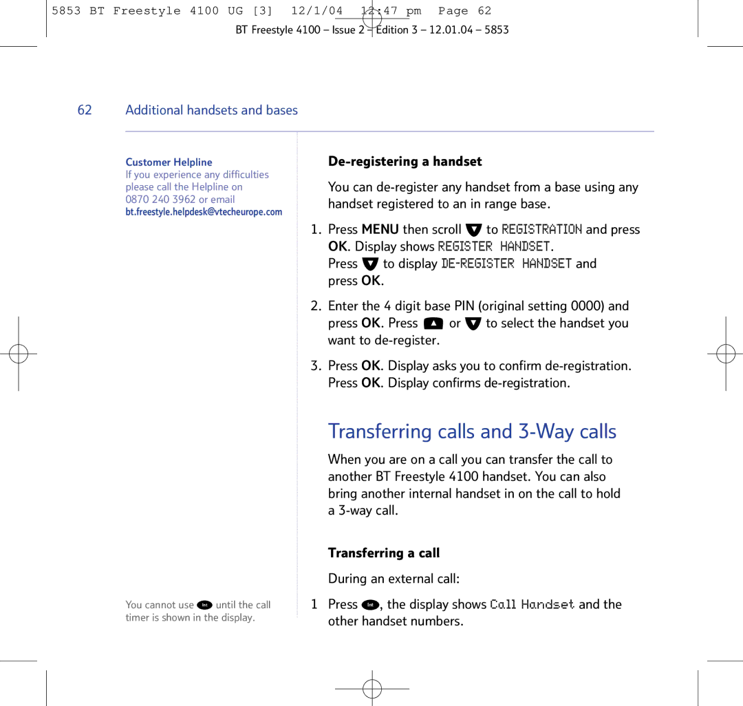 BT 4100 SMS manual Transferring calls and 3-Way calls, De-registering a handset 