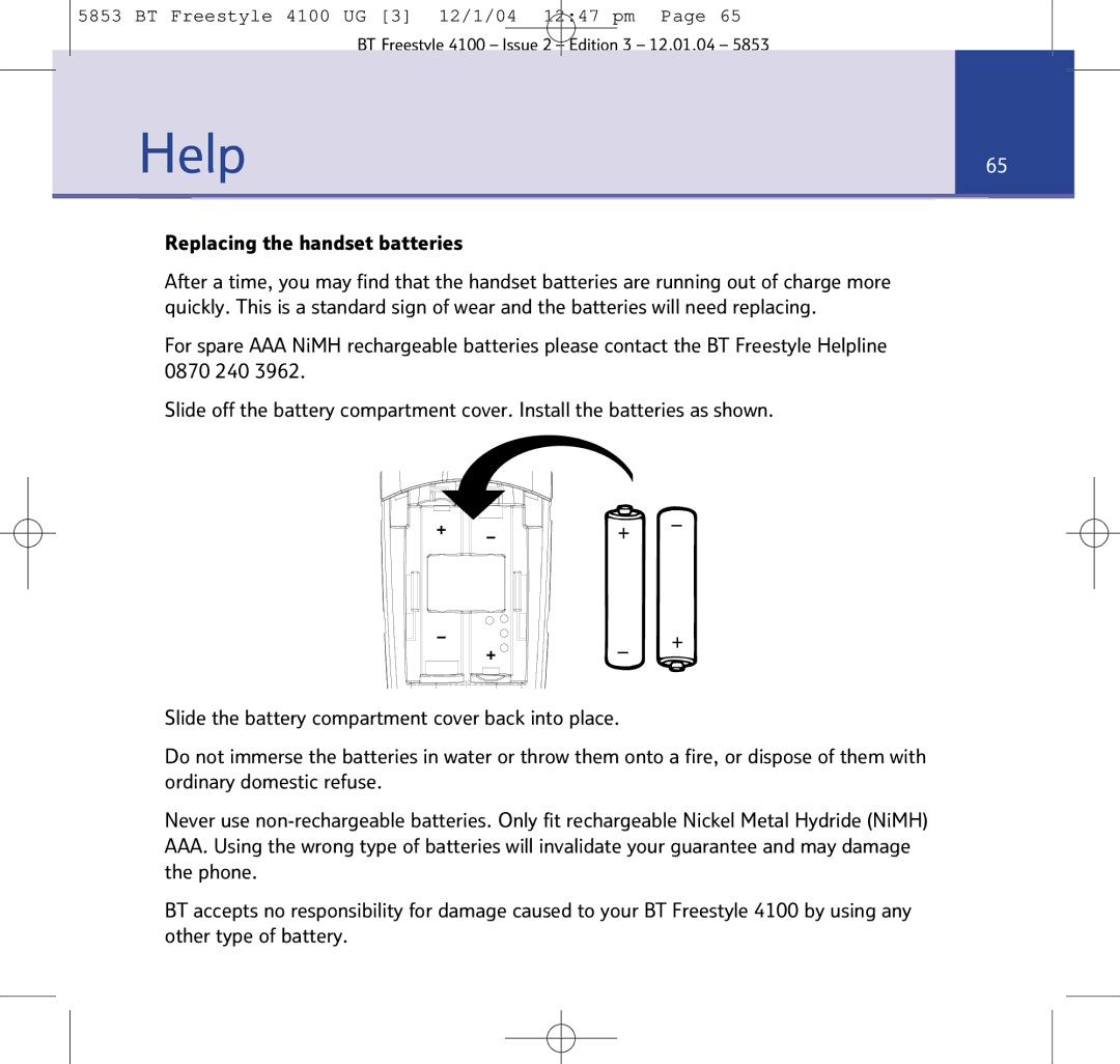 BT 4100 SMS manual Help, Replacing the handset batteries 