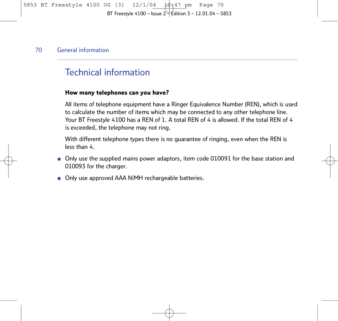 BT 4100 SMS manual Technical information 