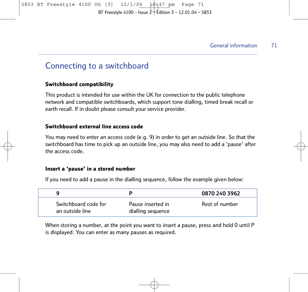 BT 4100 SMS manual Connecting to a switchboard, Switchboard compatibility 