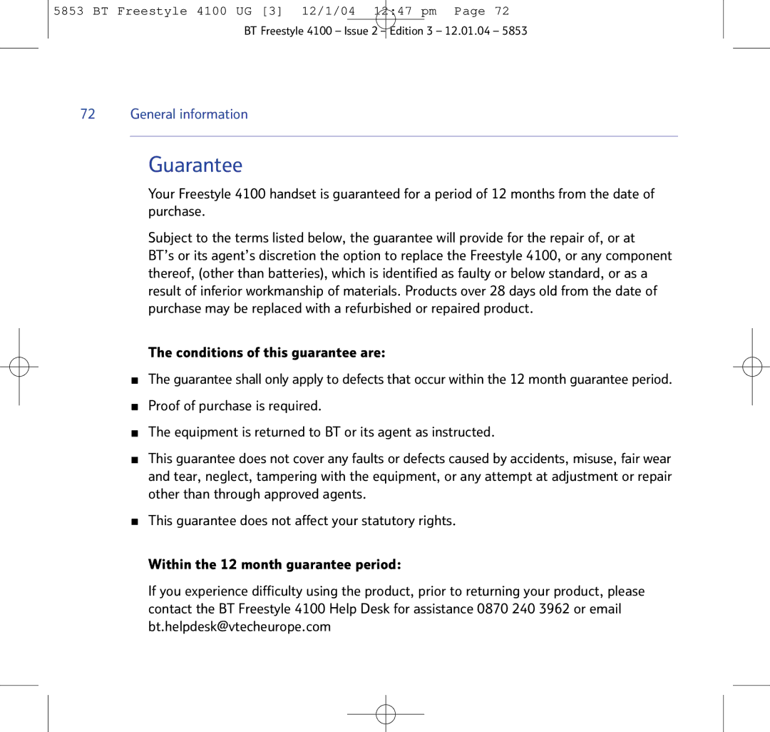 BT 4100 SMS manual Guarantee 