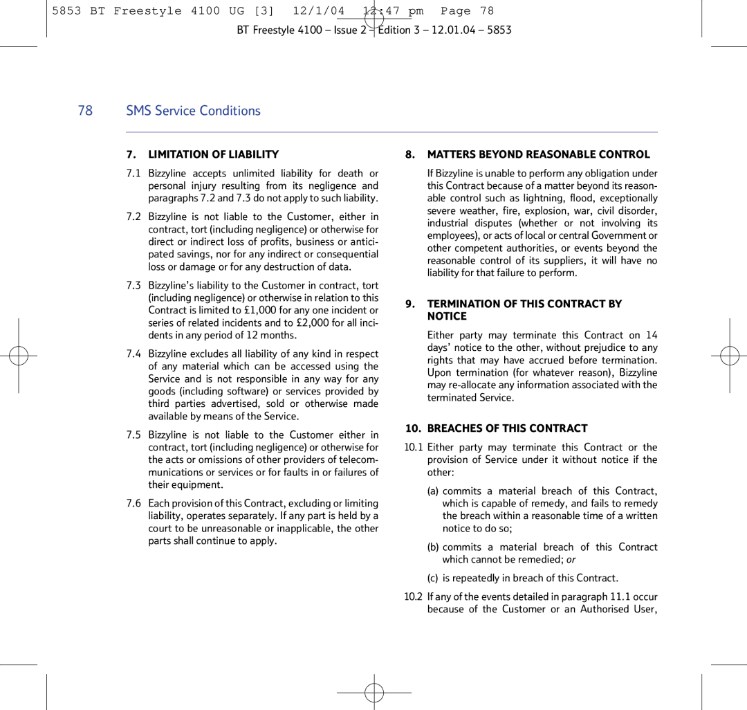 BT 4100 SMS manual Limitation of Liability Matters Beyond Reasonable Control 