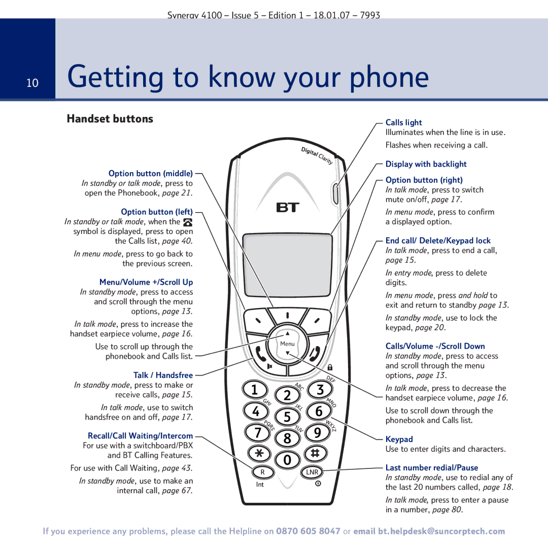 BT 4100 manual Getting to know your phone, Handset buttons 