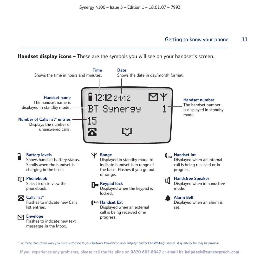 BT 4100 Time Date, Handset name The handset name is displayed in standby mode, Handset number, Battery levels, Phonebook 