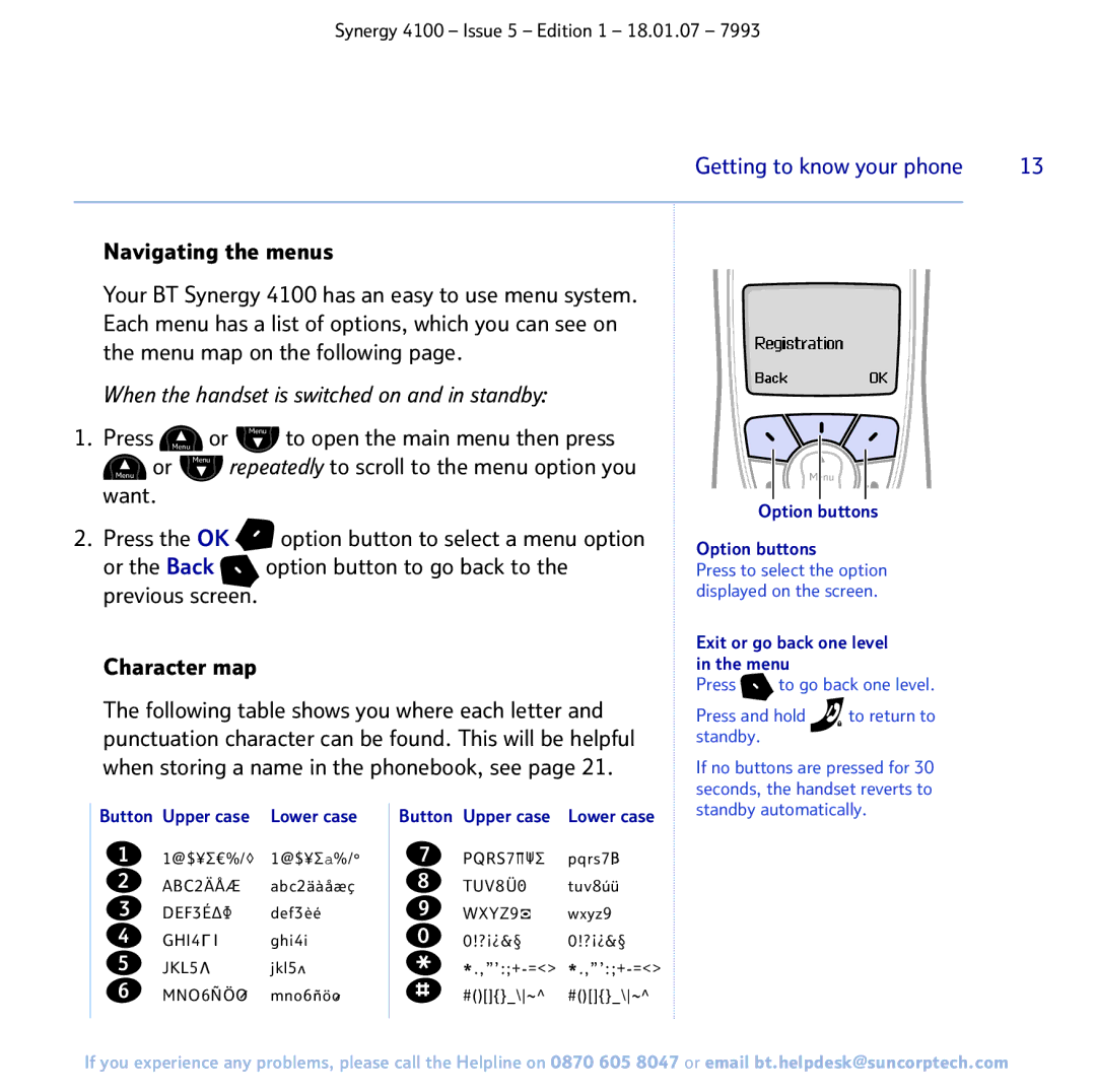 BT 4100 manual Navigating the menus, Press Menu, Option buttons, Exit or go back one level in the menu 