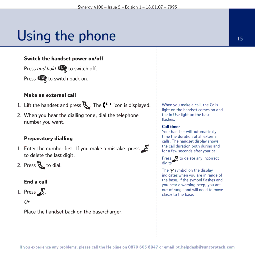 BT 4100 manual Using the phone, Call timer 