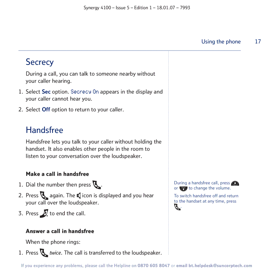 BT 4100 manual Secrecy, Handsfree 