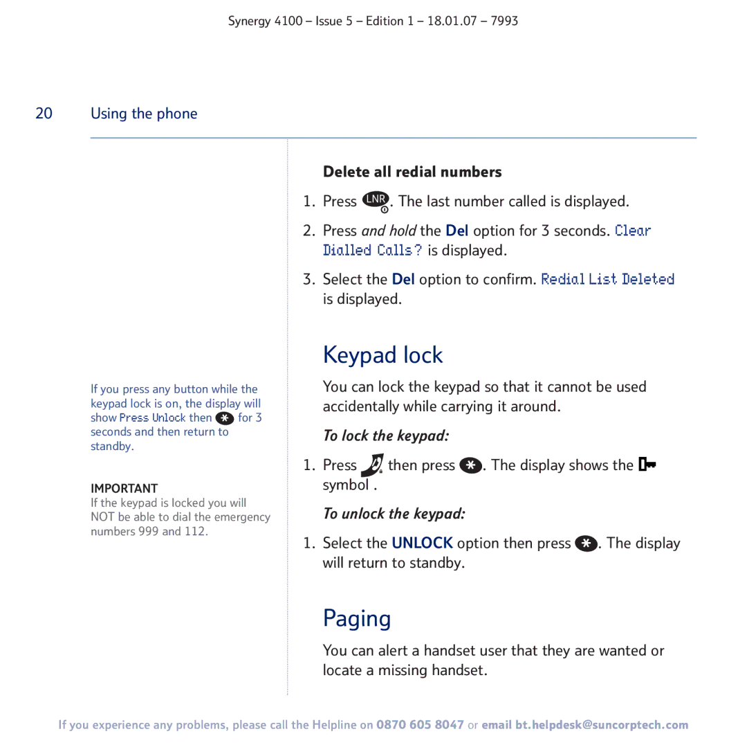 BT 4100 manual Keypad lock, Paging, Press then press . The display shows the symbol 