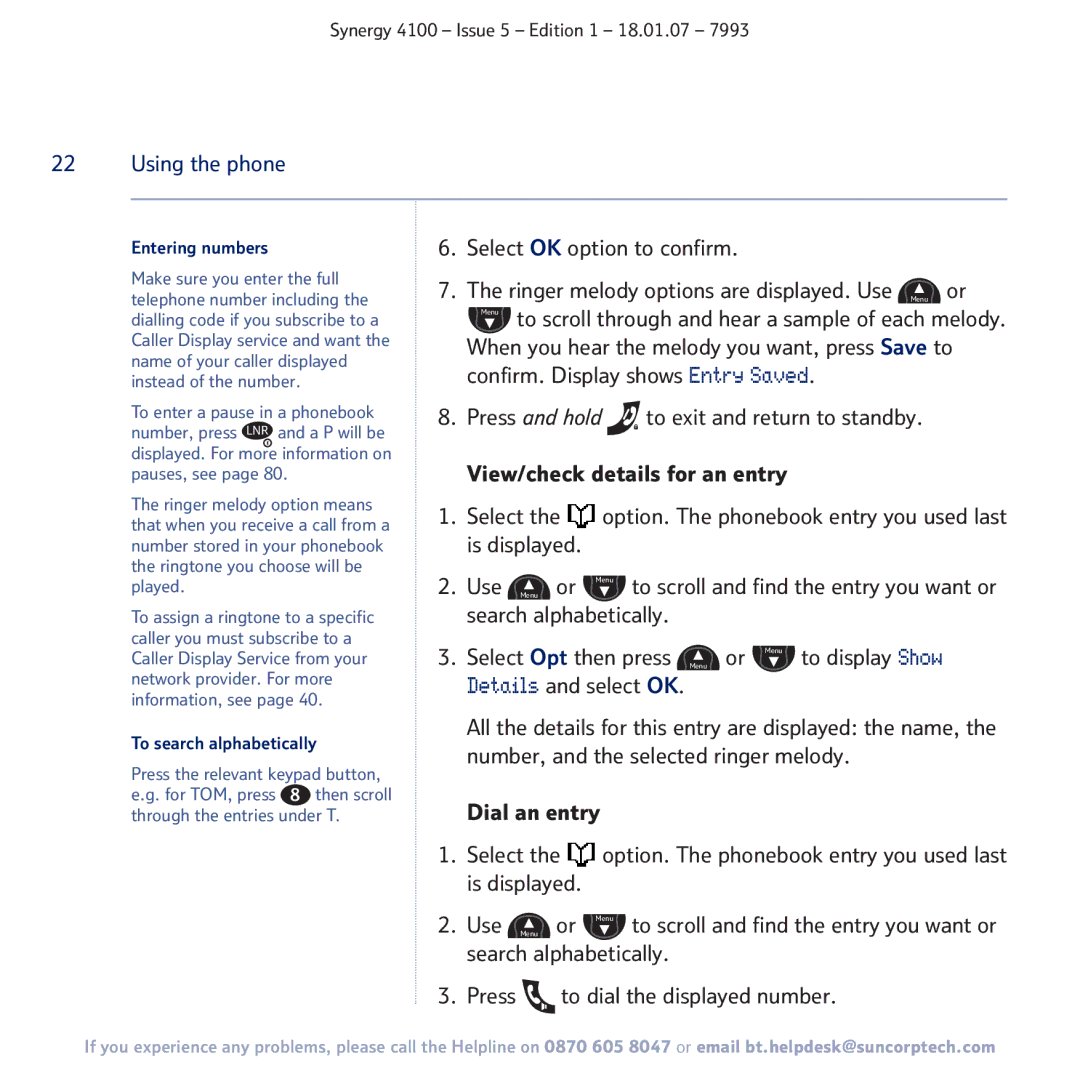 BT 4100 manual Entering numbers, To search alphabetically 