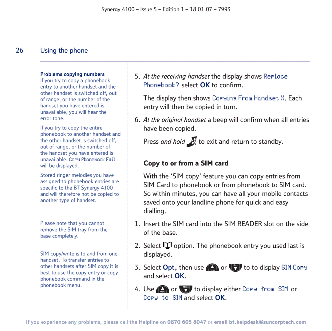 BT 4100 manual Problems copying numbers, Unavailable, Copy Phonebook Fail 