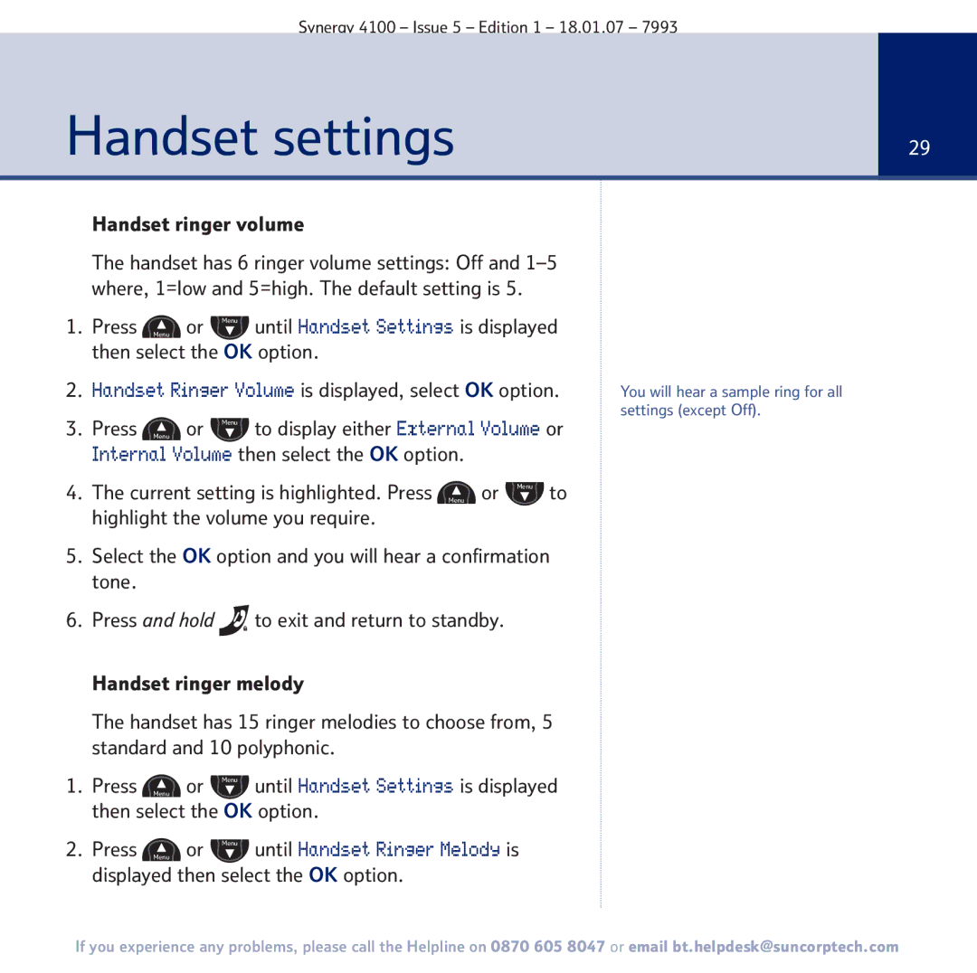 BT 4100 manual Handset settings, Handset ringer volume 