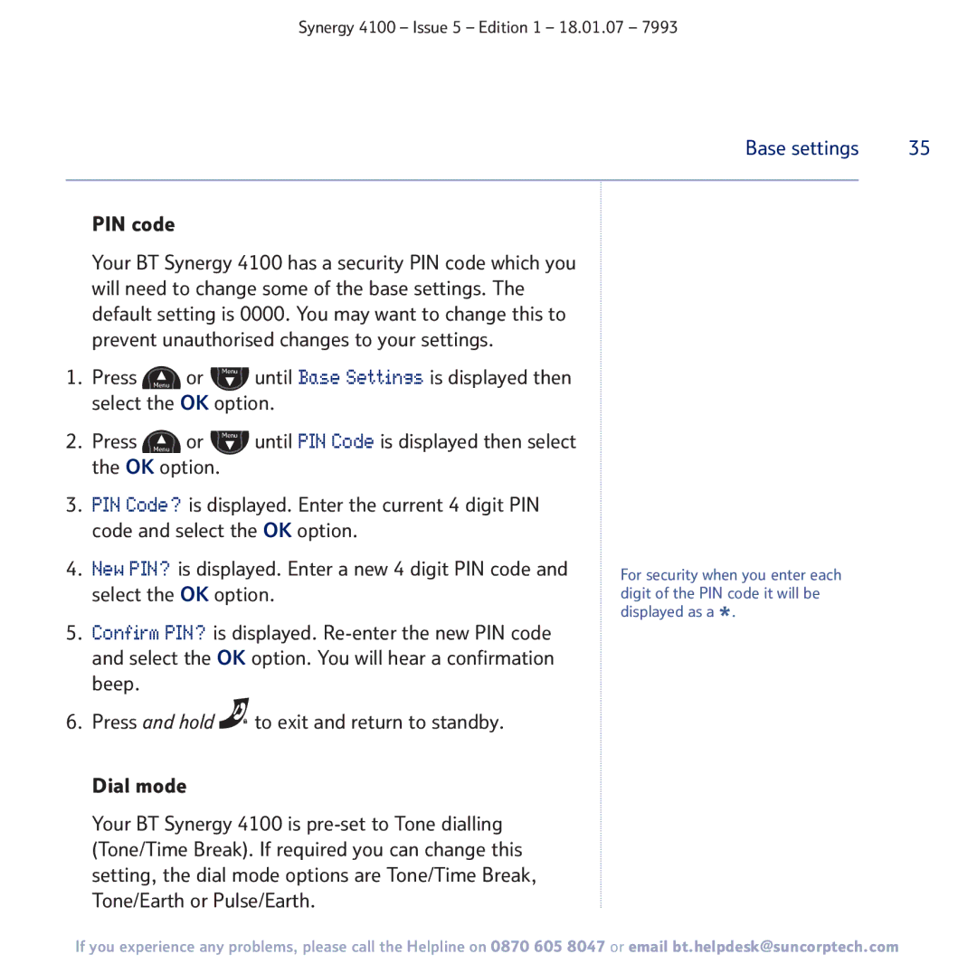 BT 4100 manual PIN code, Base settings 