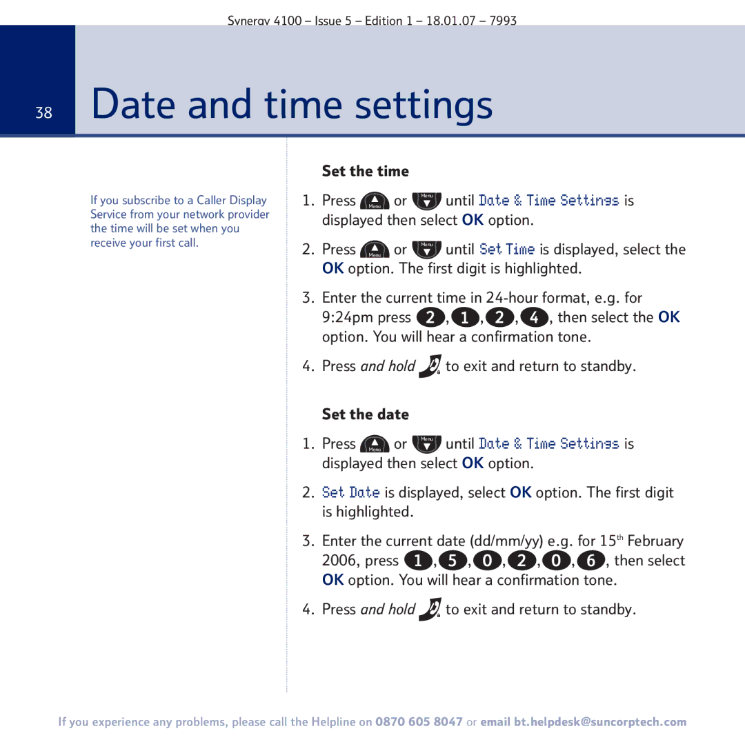 BT 4100 manual Date and time settings 