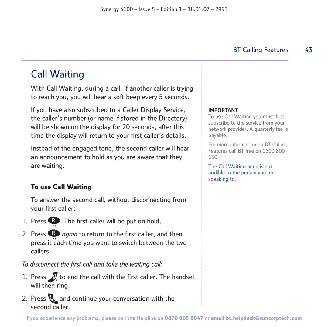 BT 4100 manual Call Waiting, Callers, BT Calling Features 