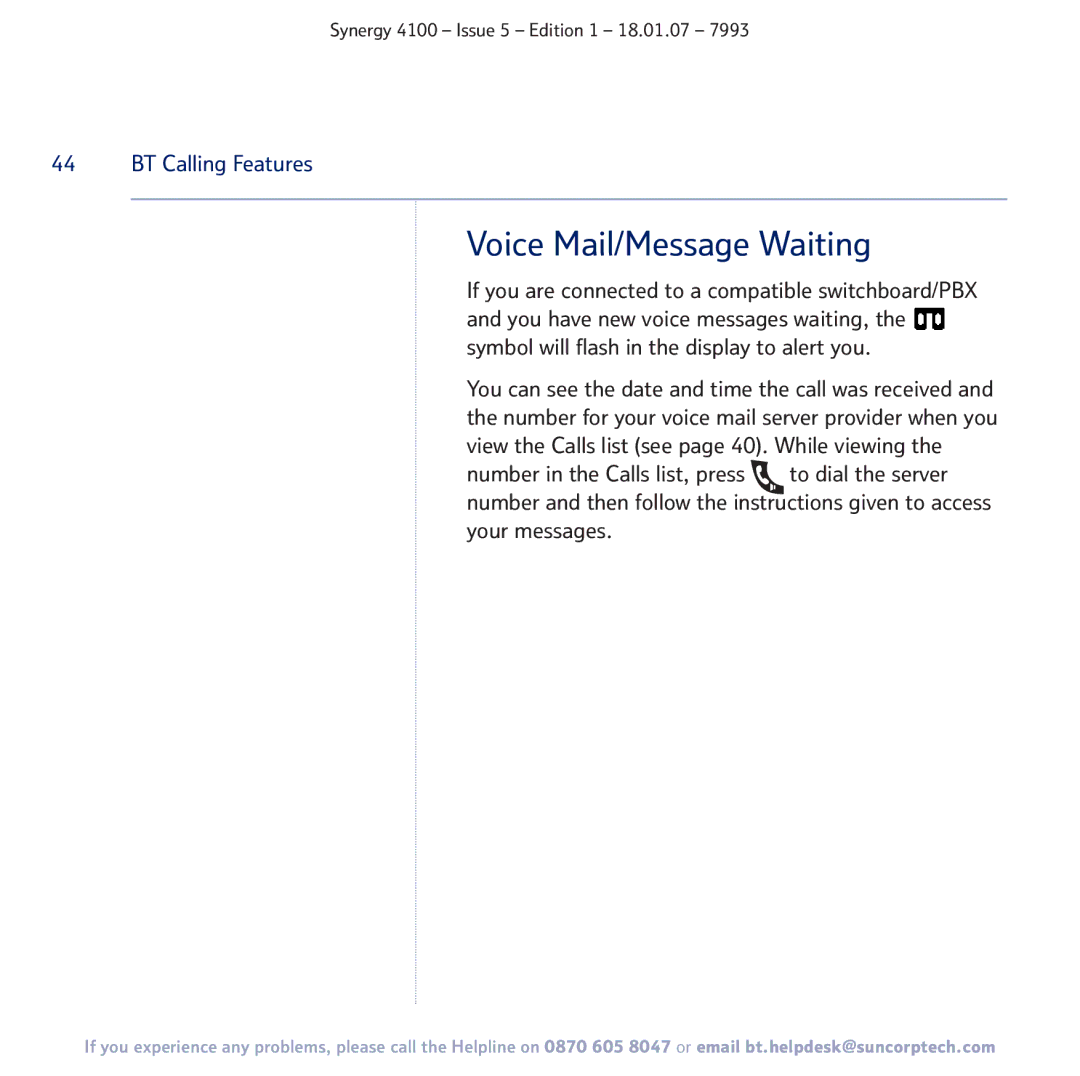 BT 4100 manual Voice Mail/Message Waiting 