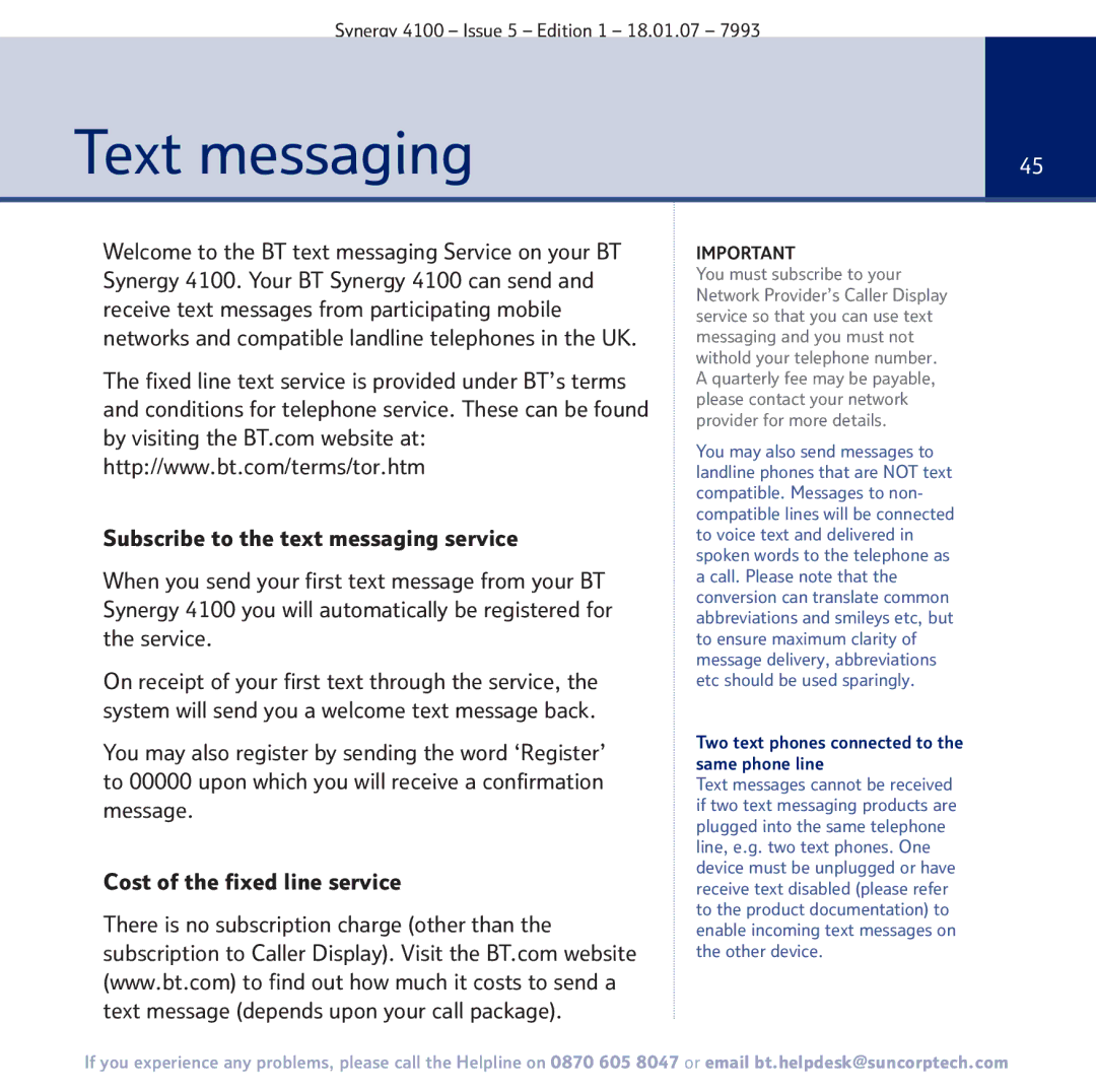 BT 4100 manual Text messaging, Two text phones connected to the same phone line 