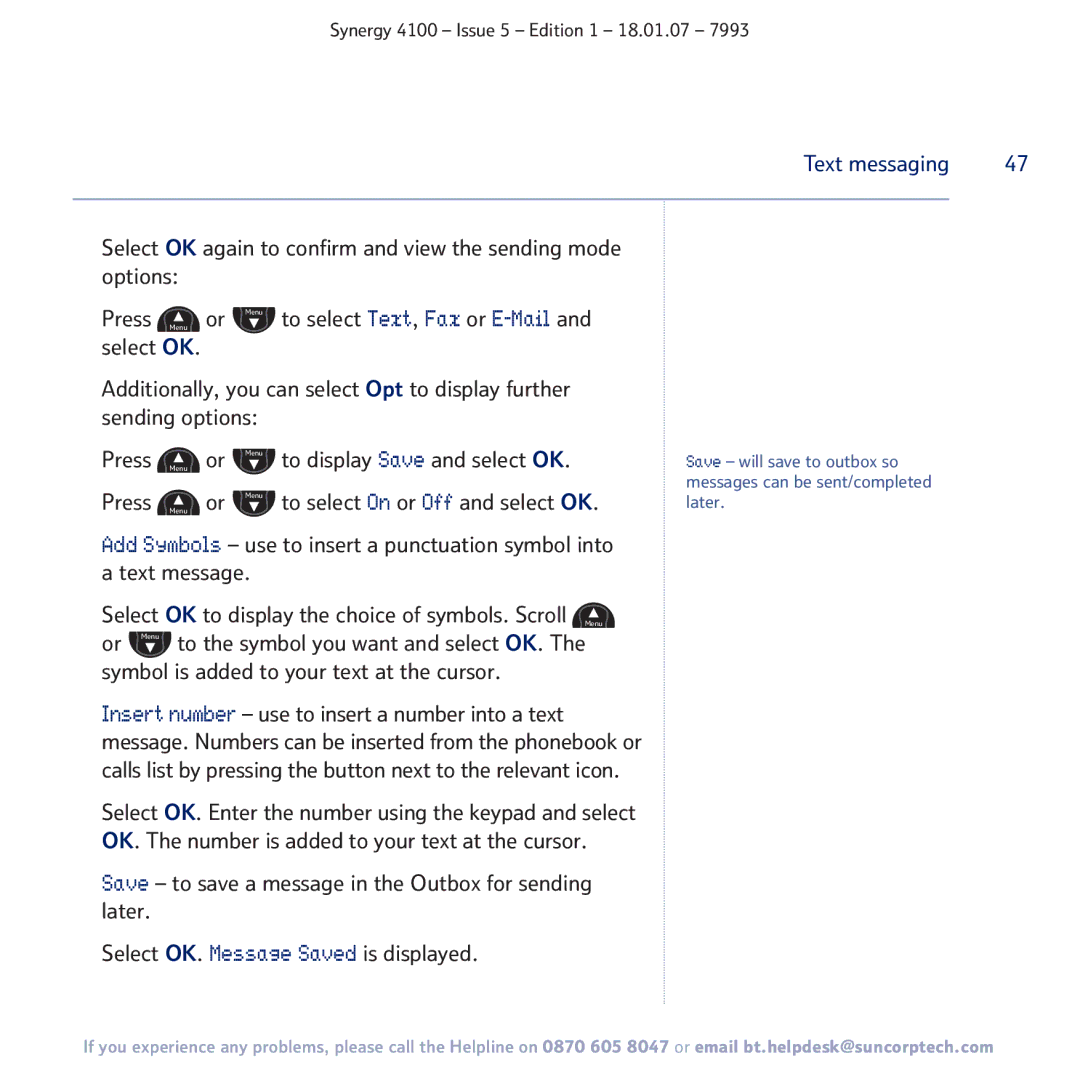 BT 4100 manual To display Save and select OK, Text messaging 