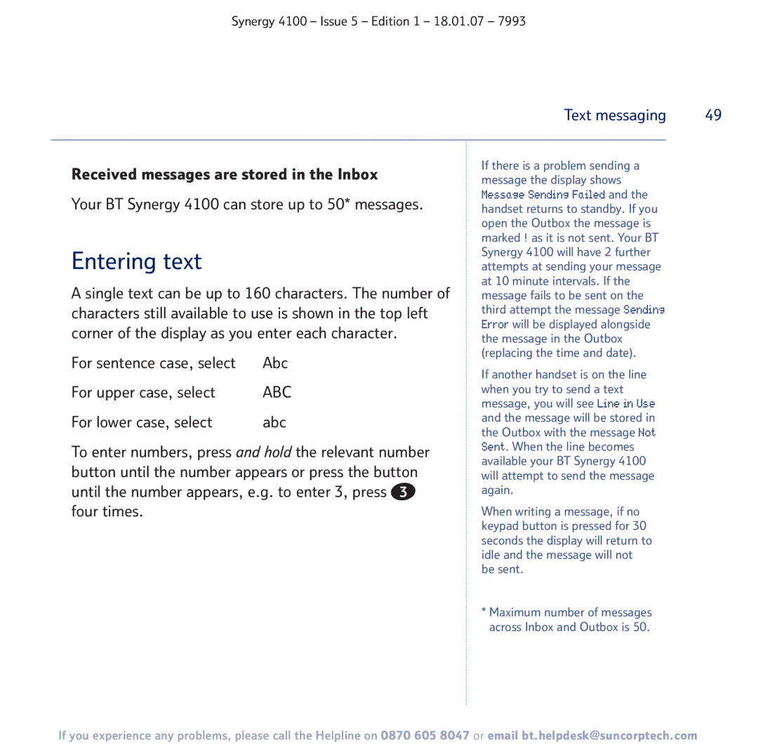 BT 4100 manual Entering text, Message Sending Failed 