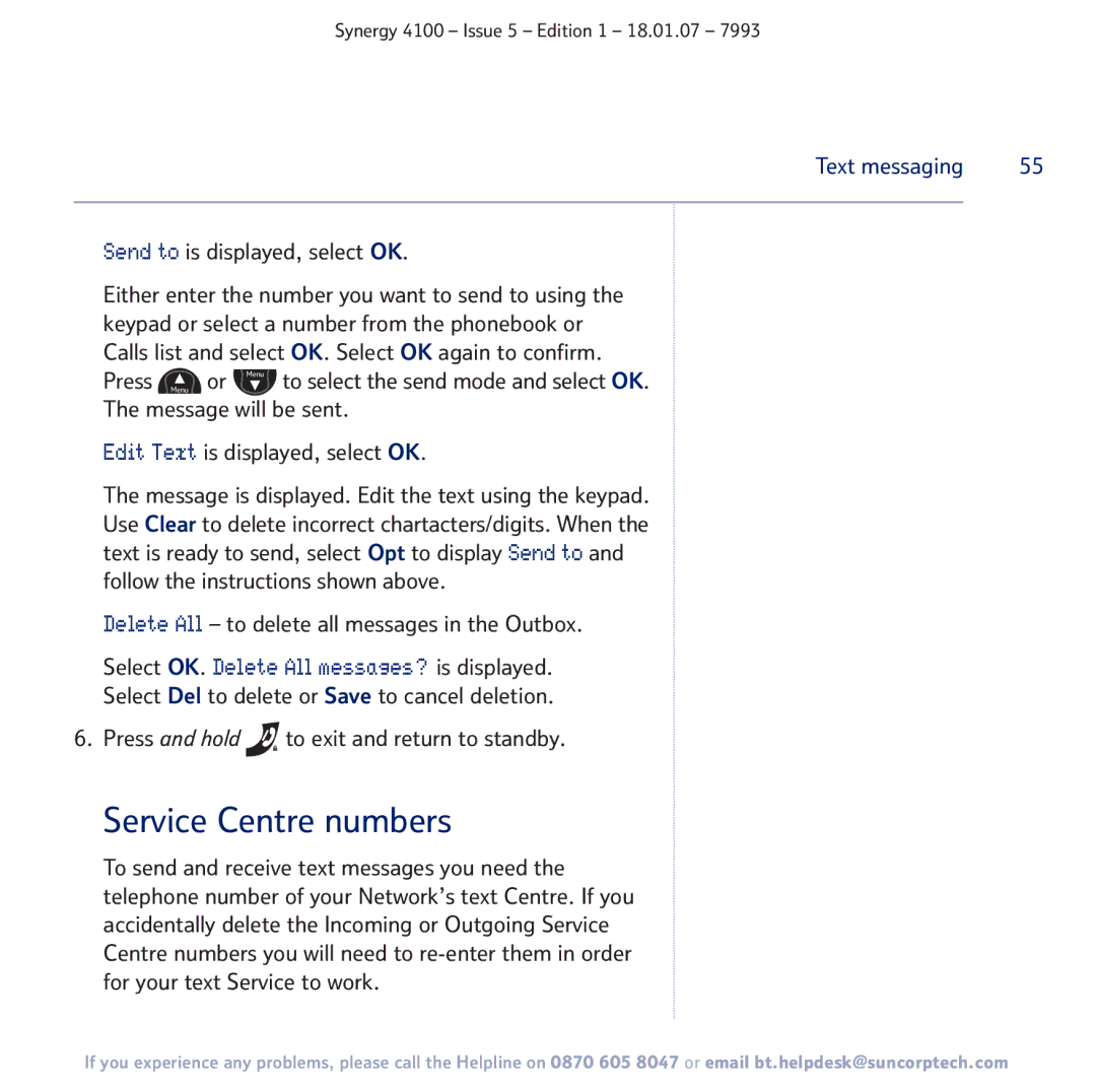 BT 4100 manual Service Centre numbers 