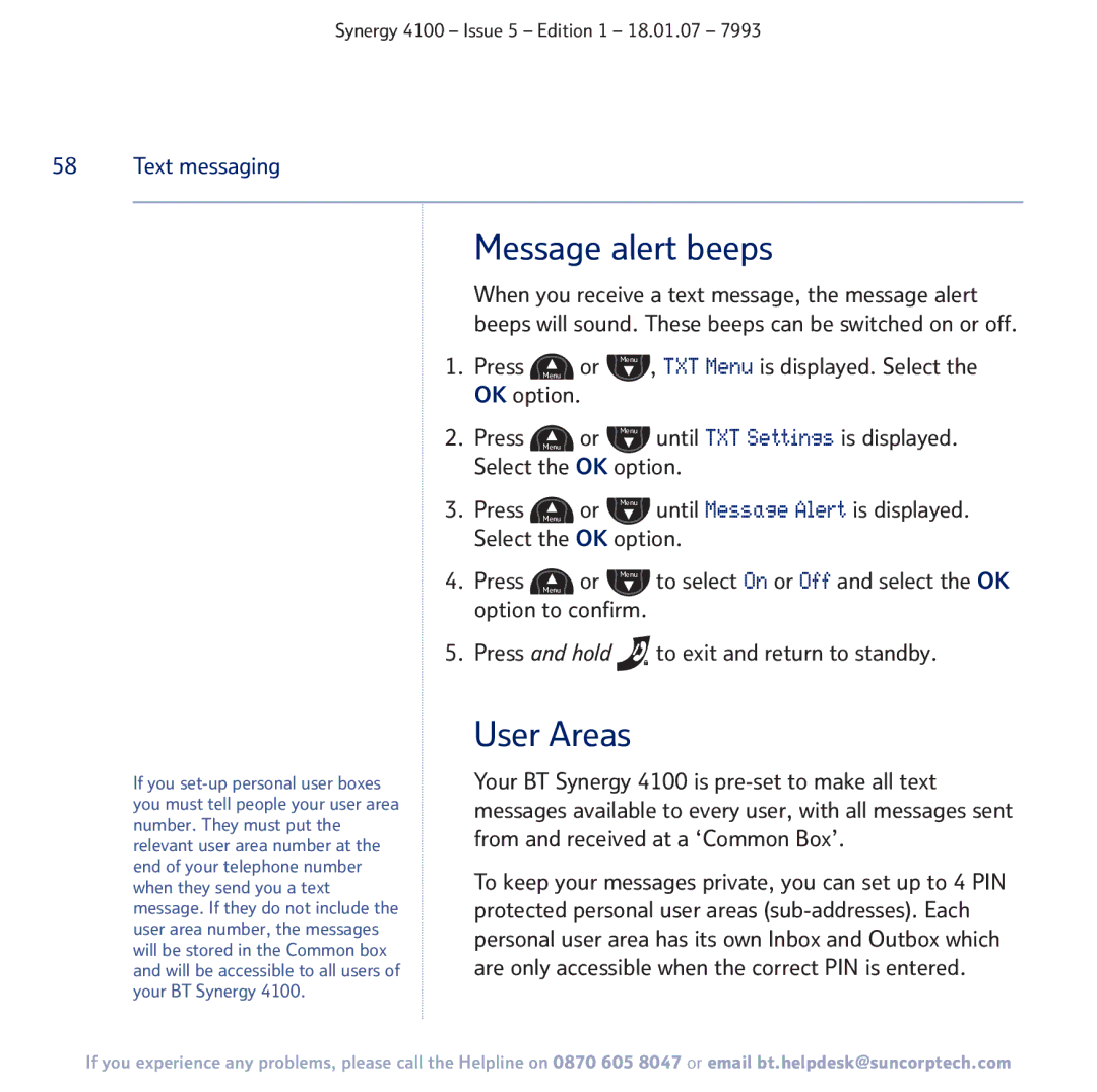 BT 4100 manual Message alert beeps, User Areas 