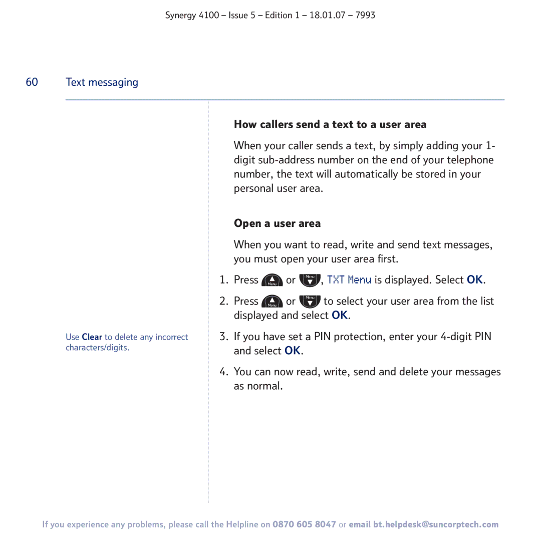 BT 4100 manual How callers send a text to a user area, Displayed and select OK 