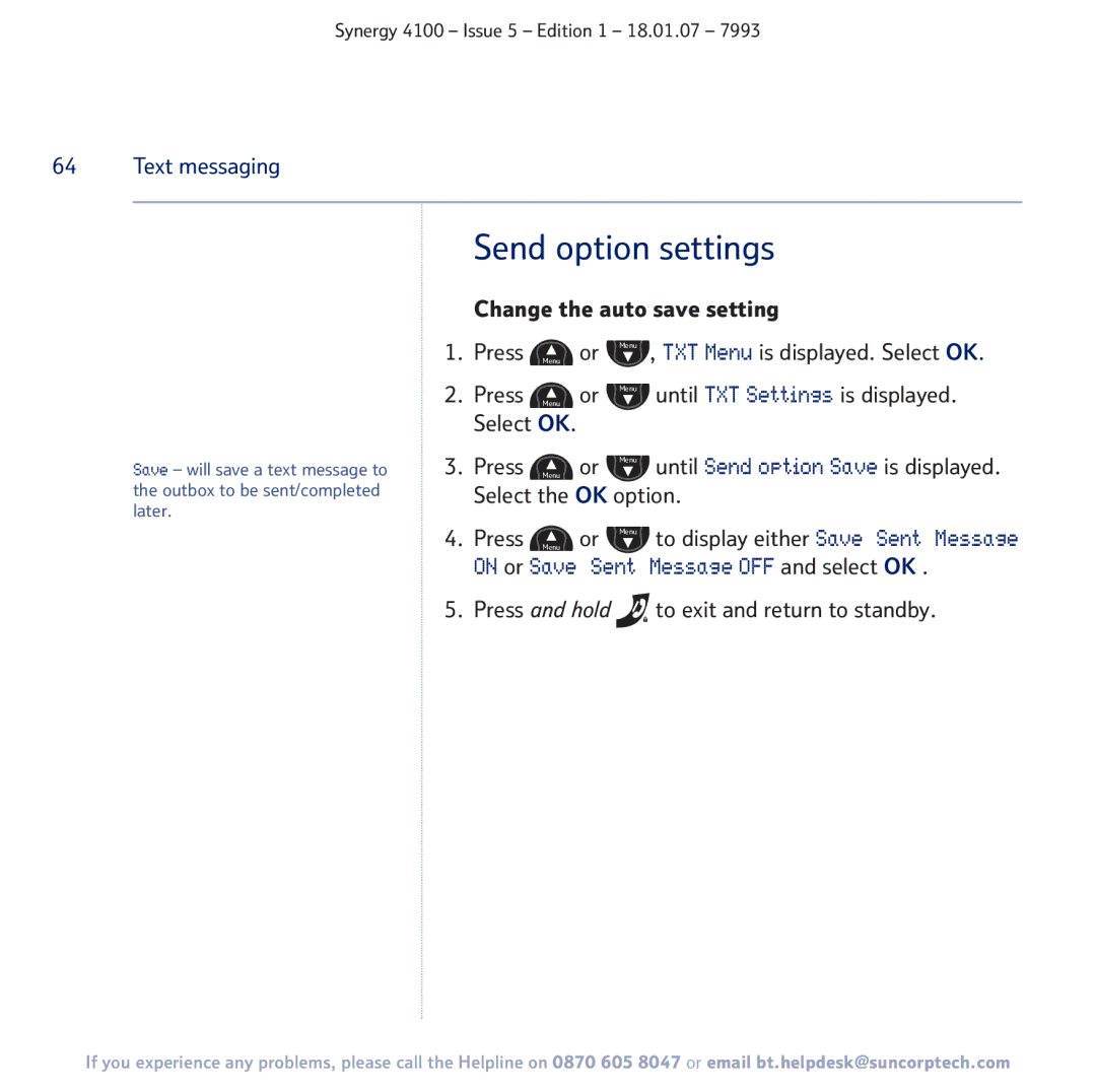 BT 4100 manual Send option settings, On or Save 