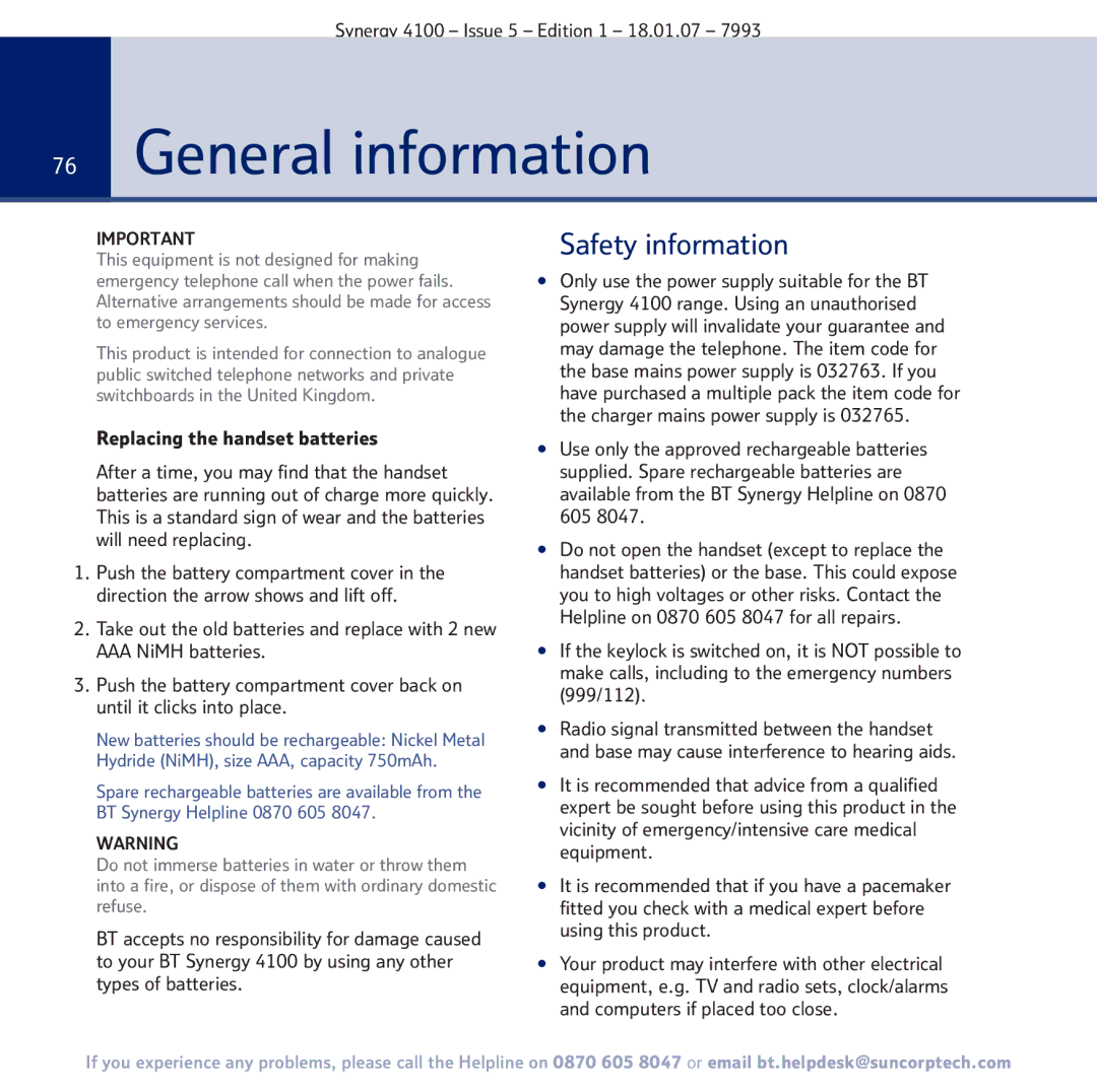 BT 4100 manual General information, Safety information 