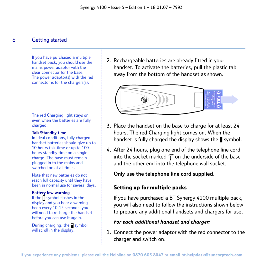 BT 4100 manual After 24 hours, plug one end of the telephone line cord, Talk/Standby time, Battery low warning 