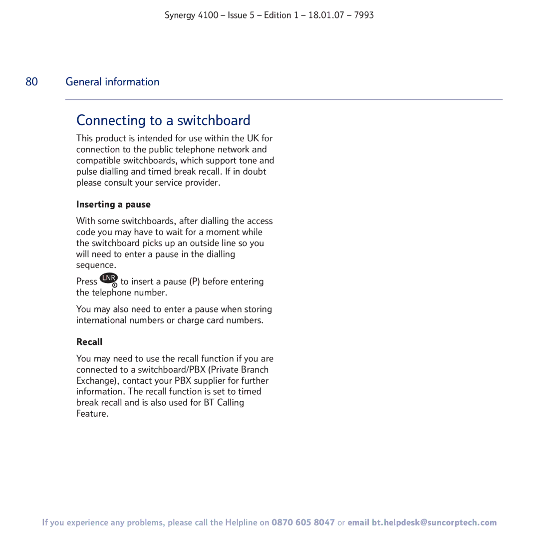 BT 4100 manual Connecting to a switchboard 