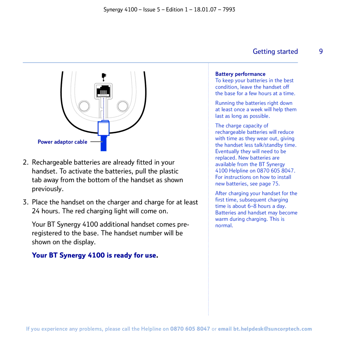 BT manual Your BT Synergy 4100 is ready for use, Battery performance 