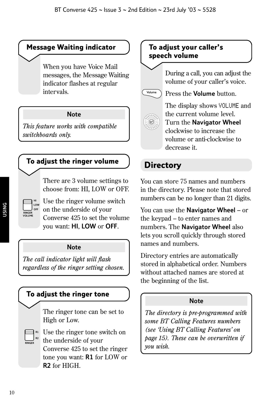 BT 425 manual Directory, Message Waiting indicator, To adjust your caller’s speech volume, To adjust the ringer volume 