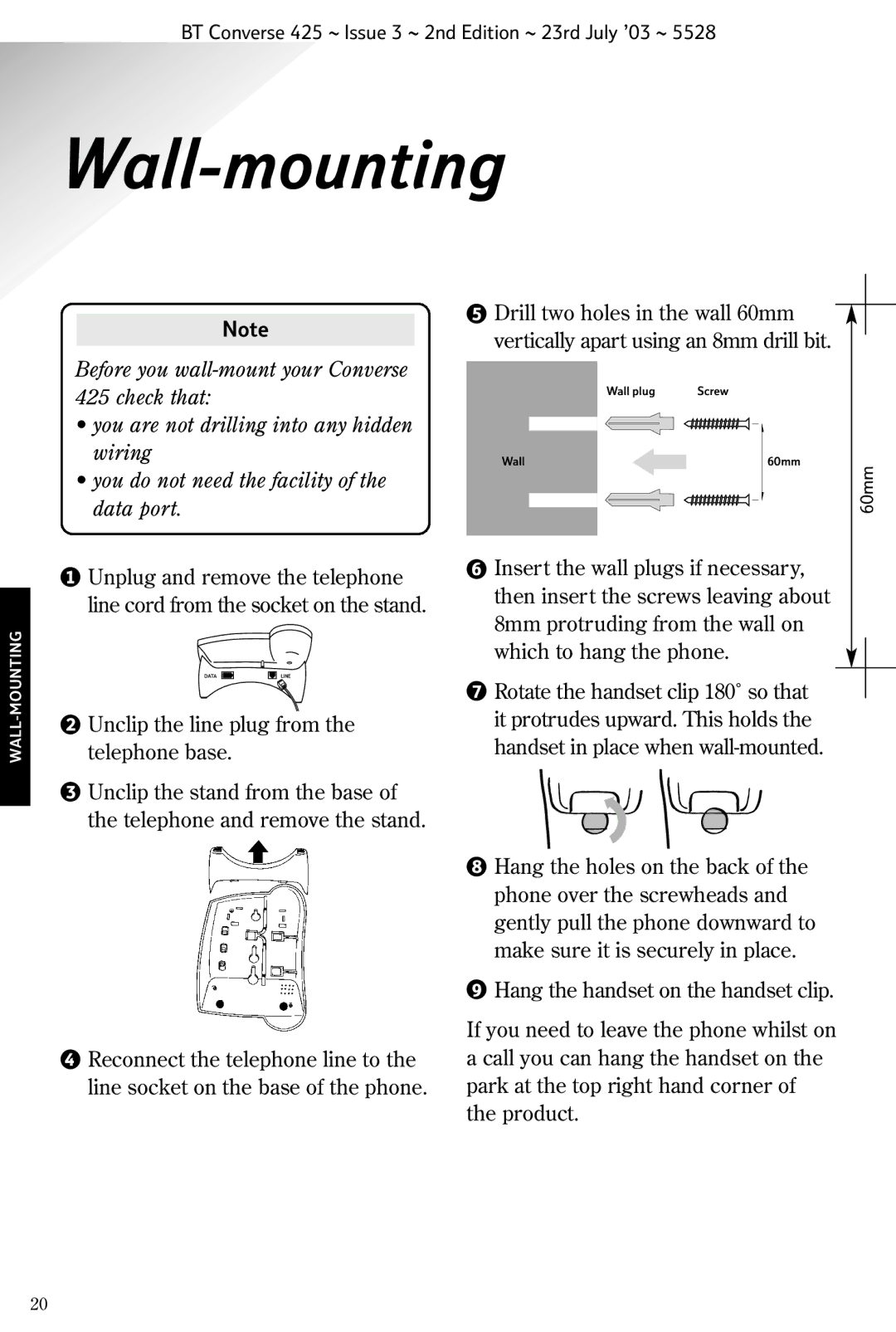 BT 425 manual Wall-mounting 