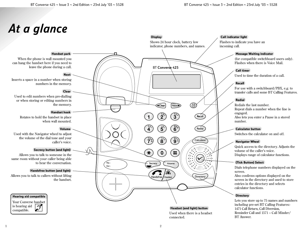 BT 425 manual At a glance, BT Converse 