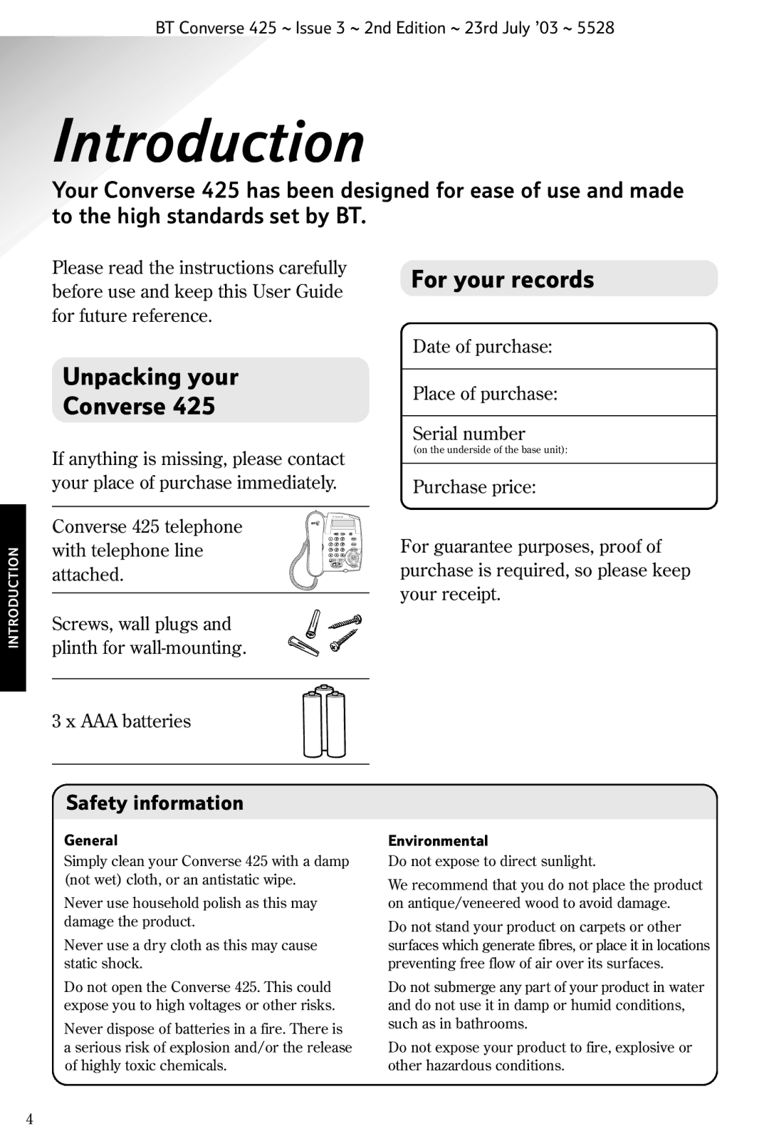 BT 425 manual Introduction, Unpacking your Converse For your records, Safety information 