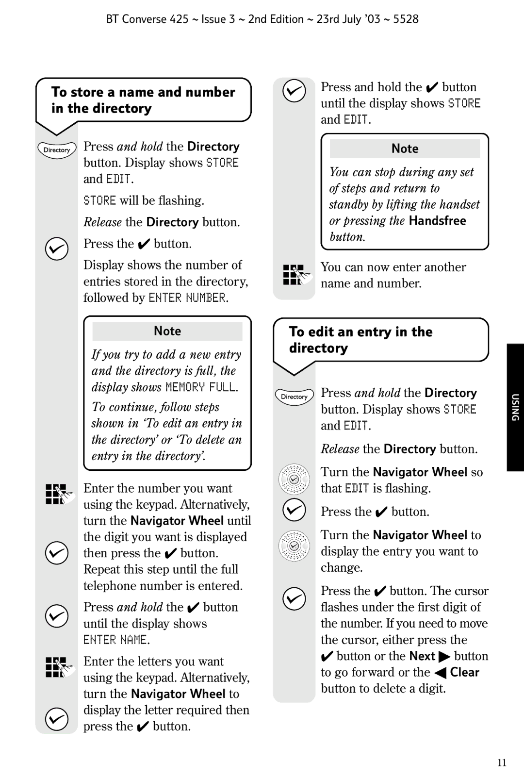 BT 425 manual To store a name and number in the directory, To edit an entry in the directory 