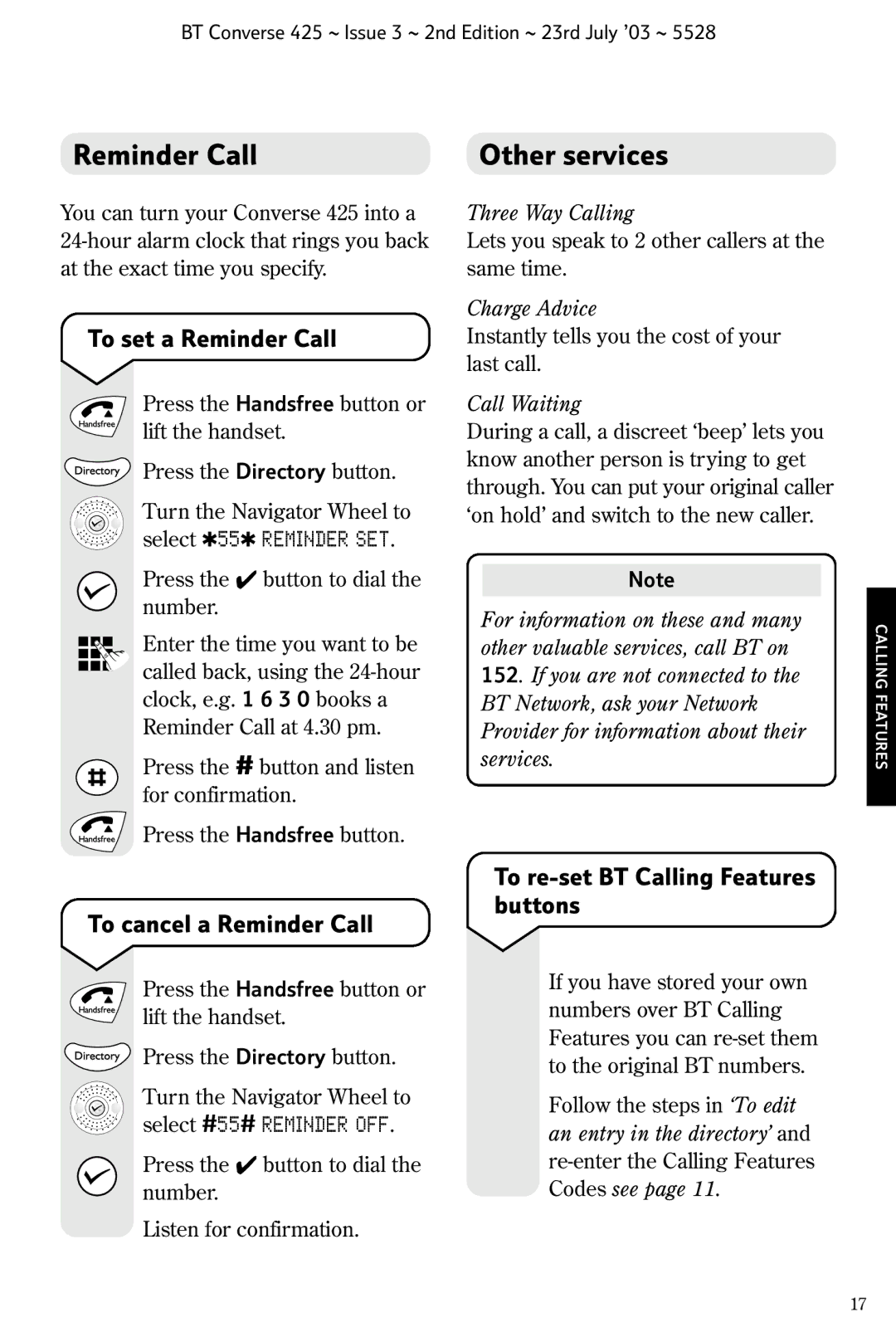 BT 425 manual Reminder Call Other services, To set a Reminder Call, To cancel a Reminder Call 