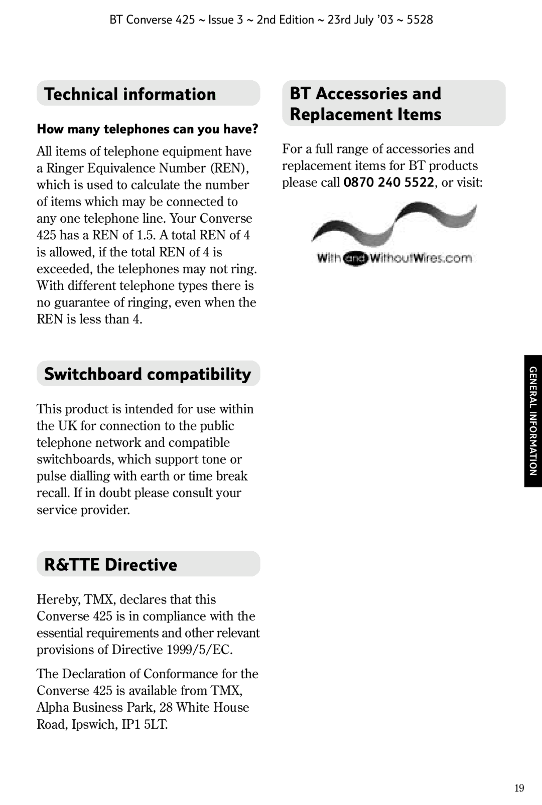 BT 425 manual Technical information, BT Accessories and Replacement Items, Switchboard compatibility, TTE Directive 