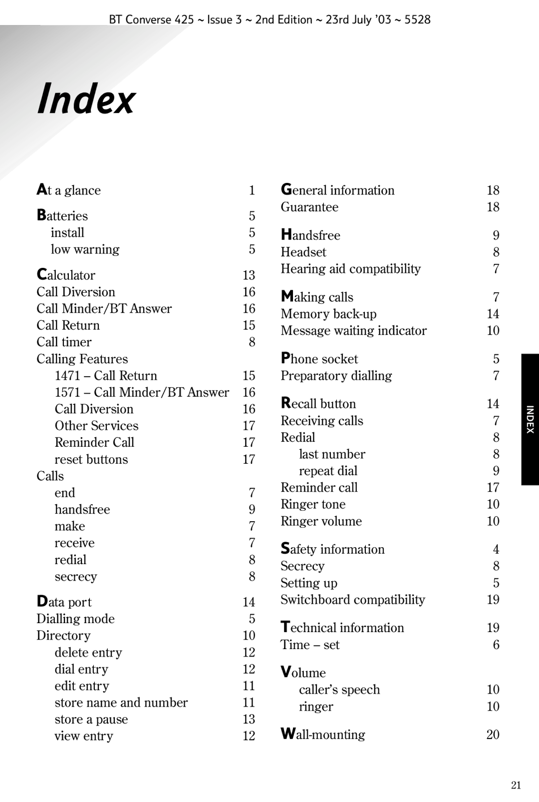 BT 425 manual Index 