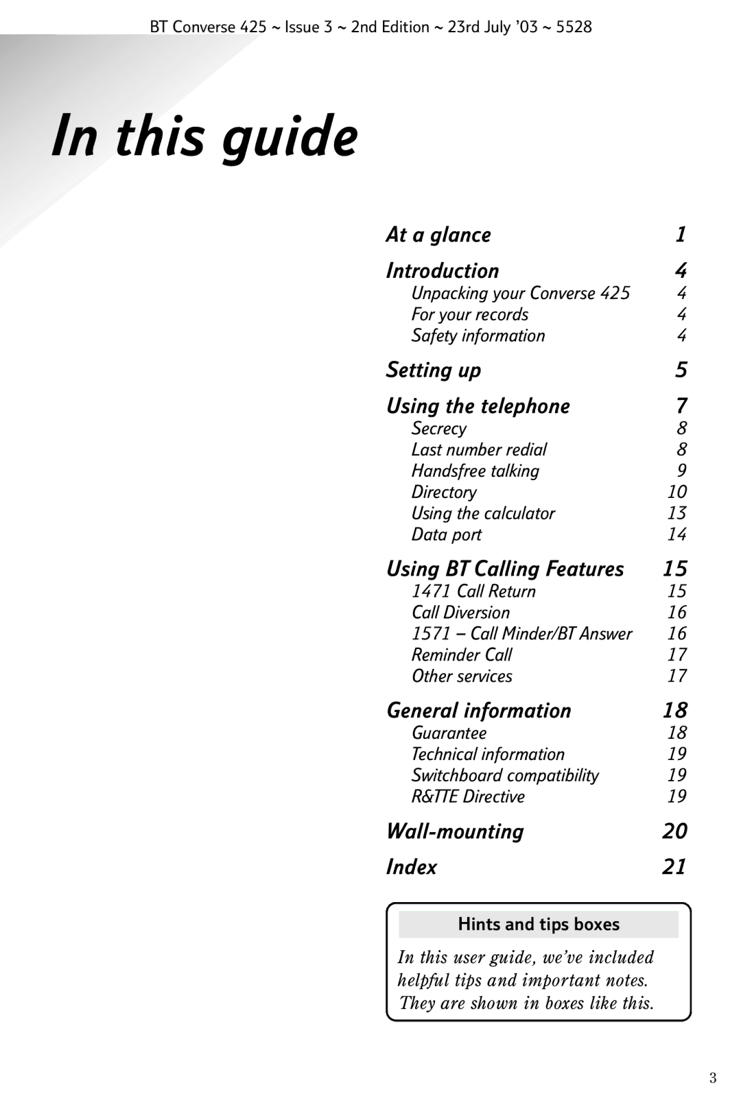 BT 425 manual This guide, Hints and tips boxes 