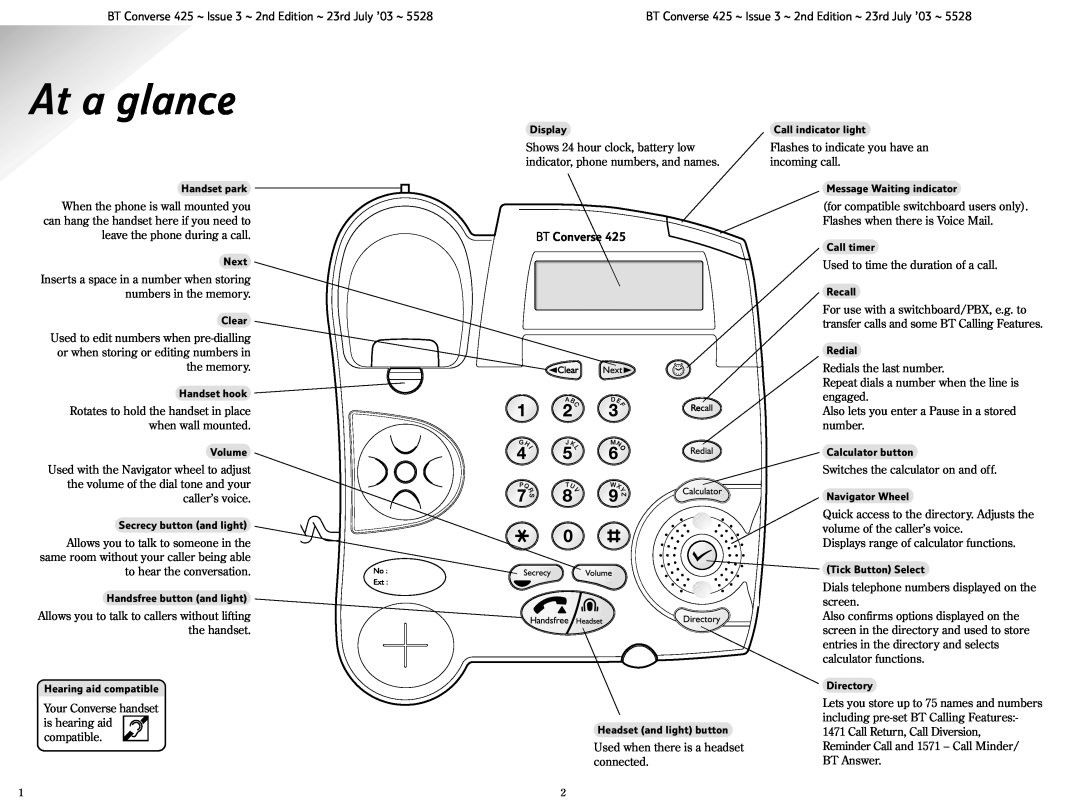BT manual At a glance, BT Converse 425 ~ Issue 3 ~ 2nd Edition ~ 23rd July ’03 ~ 